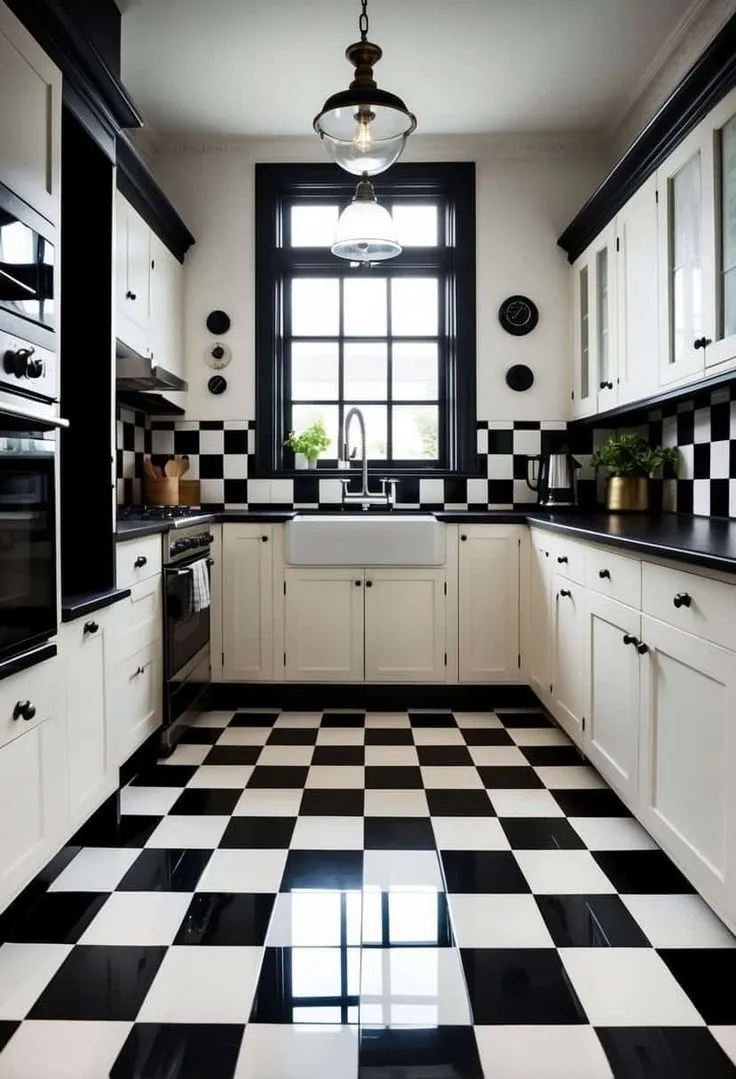 Black and white checkerboard floor and backsplash tiles in a monochrome kitchen