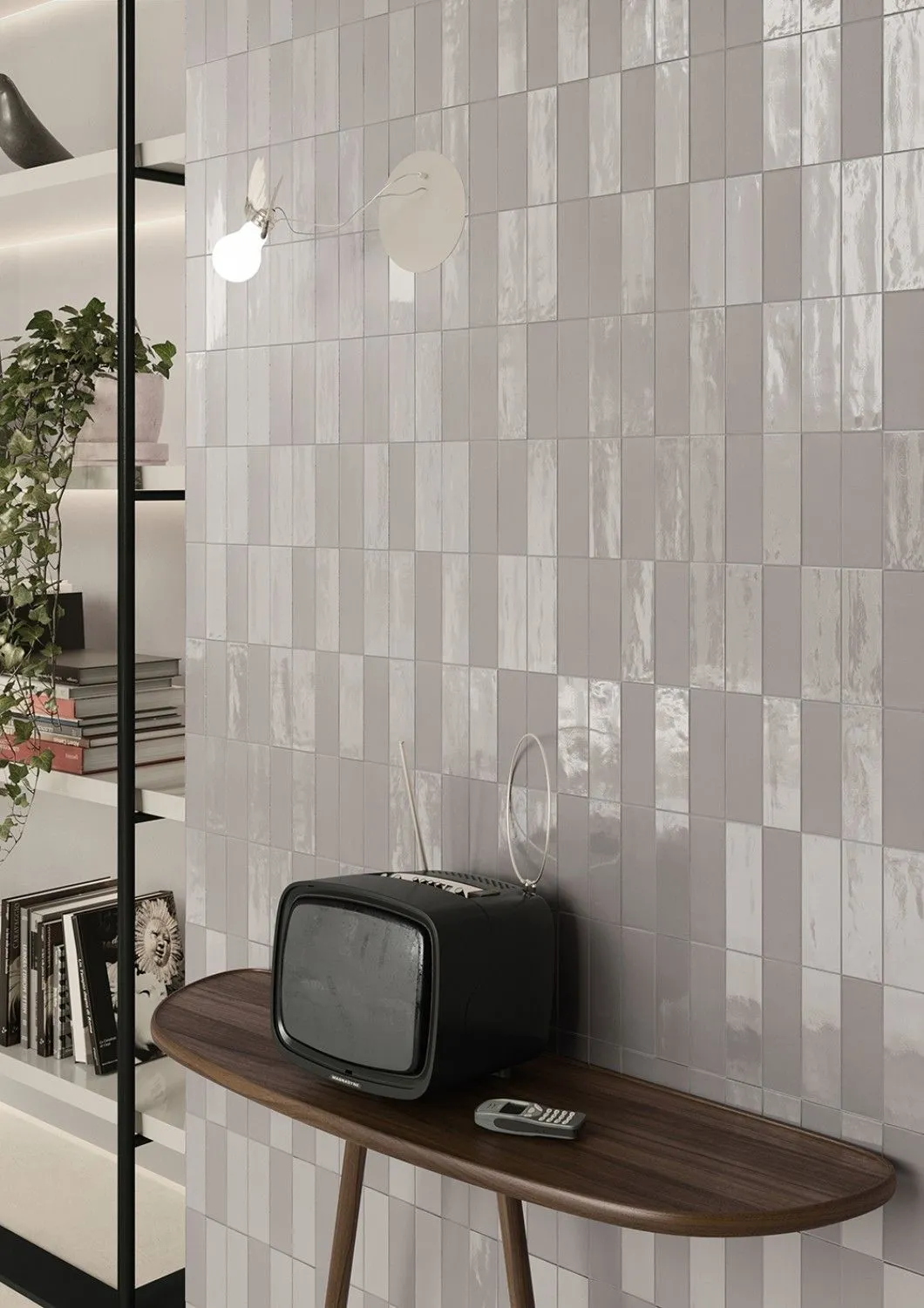 Vertical rectangular white wall tiles with alternating glossy and matte finishes