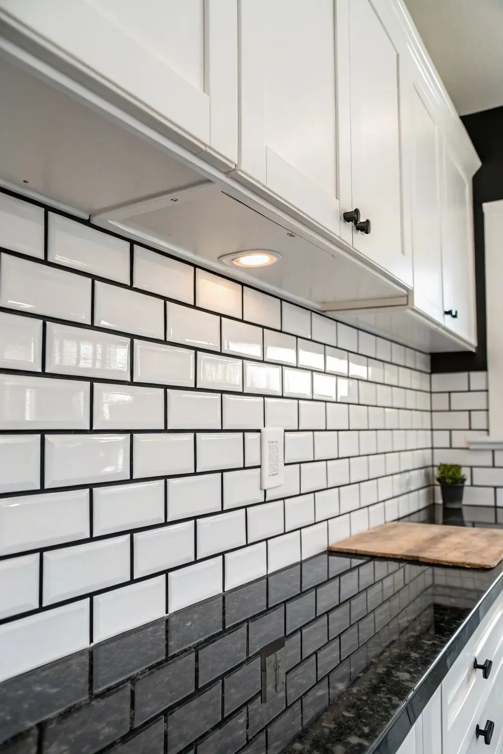 White bevelled subway tiles with dark grout paired with a black granite countertop