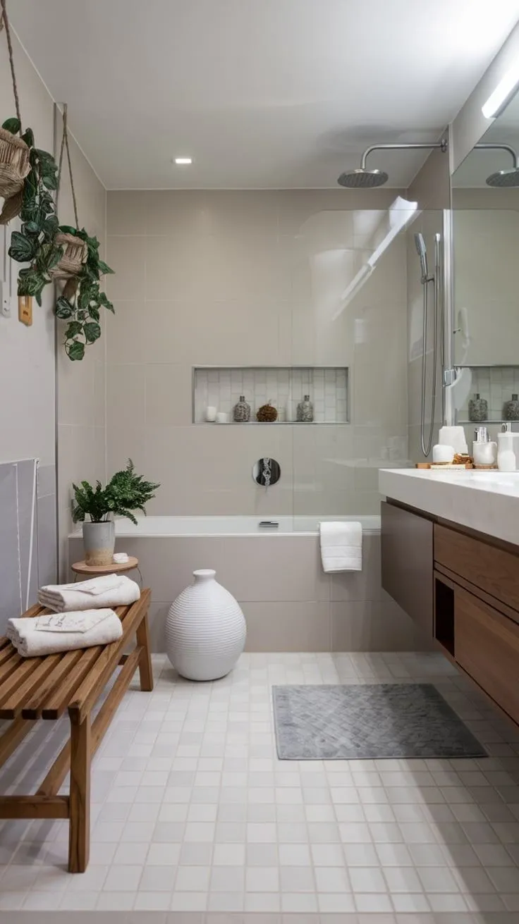 White floor and beige wall tiles paired with natural wood cabinetry in a bathroom
