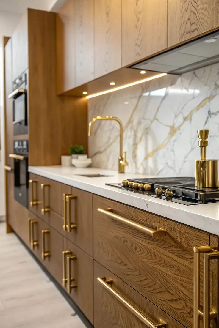 White marble backsplash tile paired with gold-toned metallic fixtures in a wood-finished kitchen