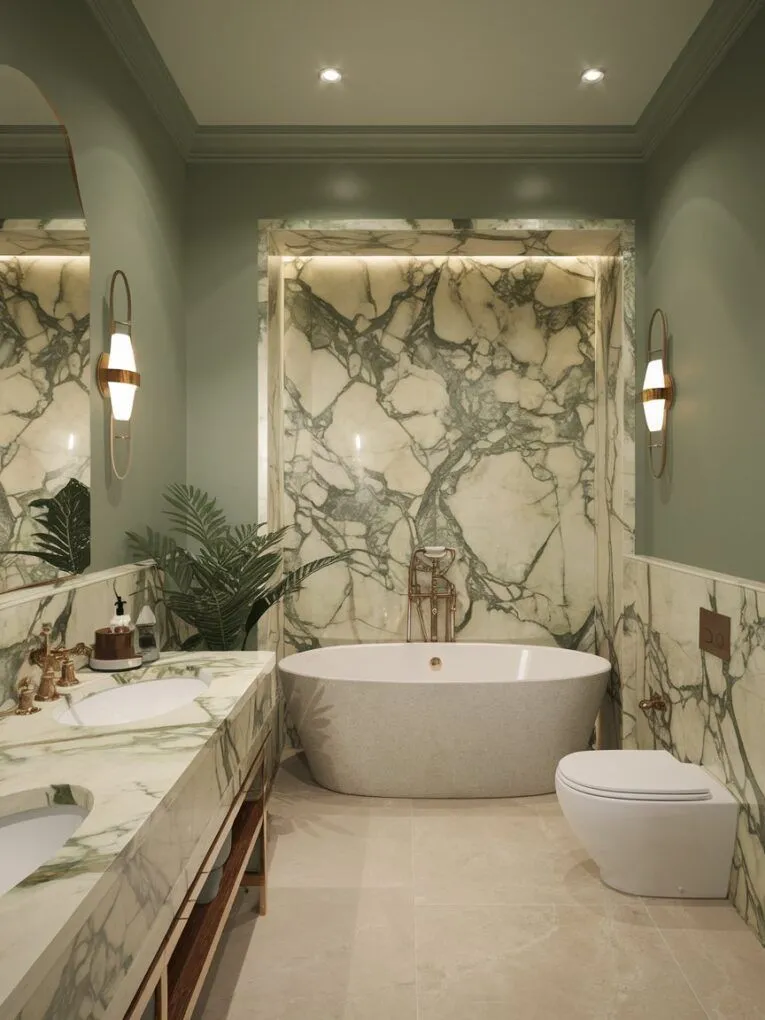Polished white marble tiles with deep green veining used across bathroom walls and countertop