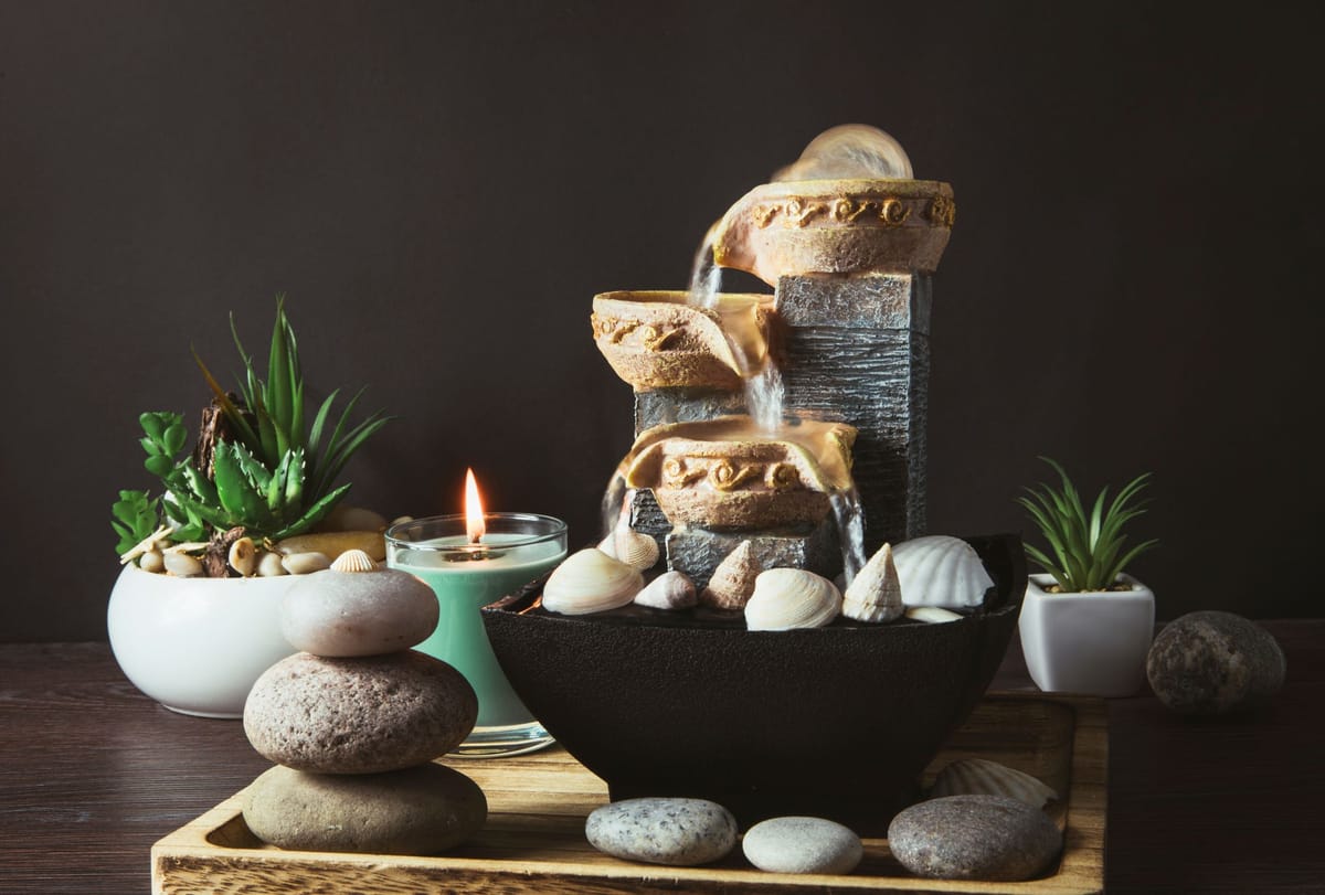 A miniature indoor fountain for a yoga room, decorated with pebbles and sea shells