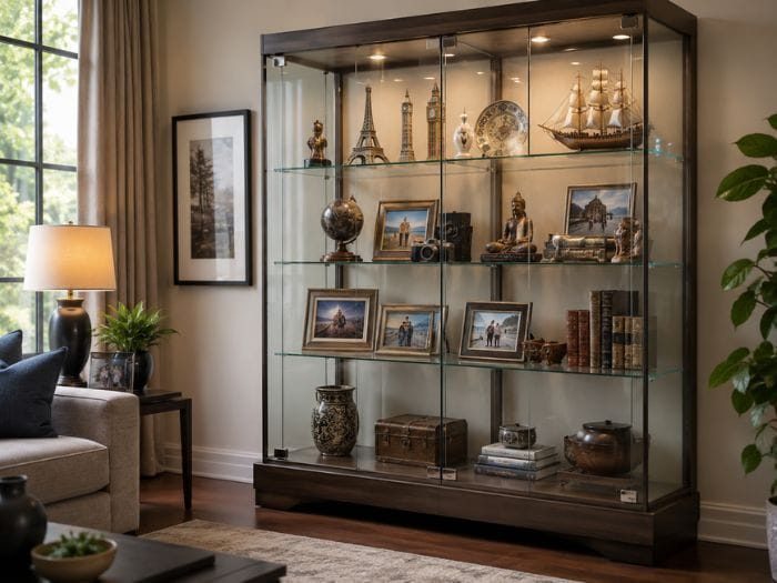 A tall glass display cabinet showcasing travel frames, miniature monuments, etc