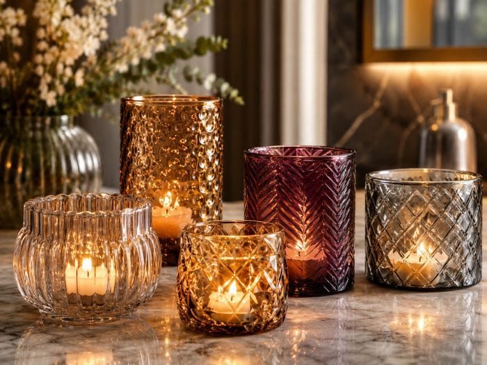 Beautiful glass candle holders used as decor in a home 