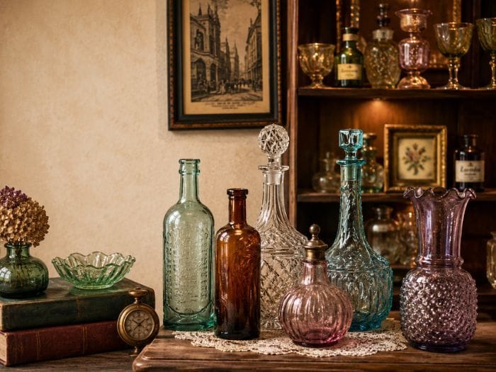 Different types of handcrafted vintage glass bottles kept on a wooden table