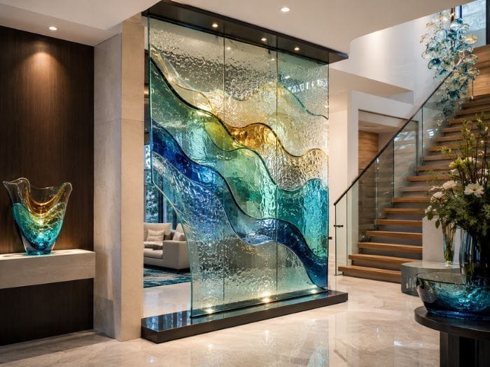 Stunning blue and yellow shade custom glass door 