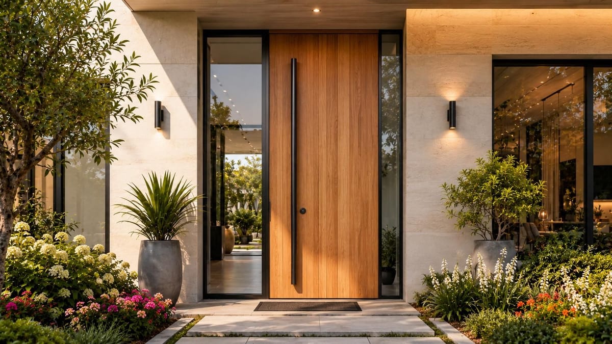 A vertical grain oak door with a six-foot-tall matte black pull handle