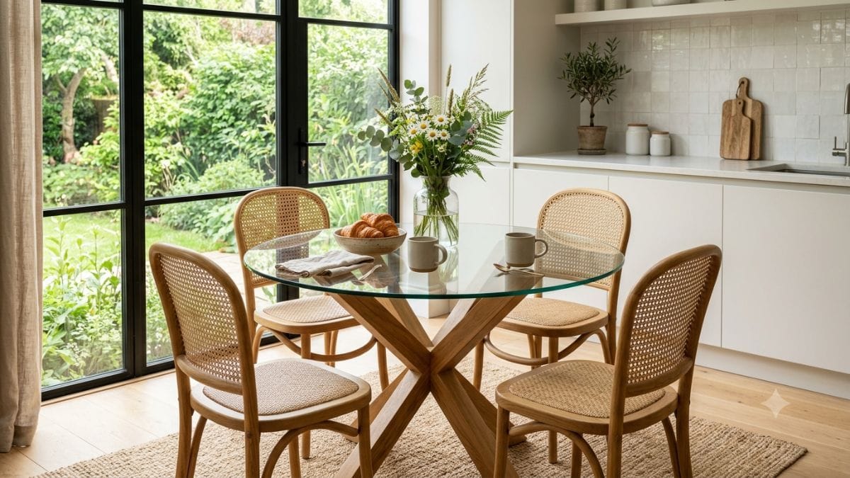 round glass table for kitchen with wooden base