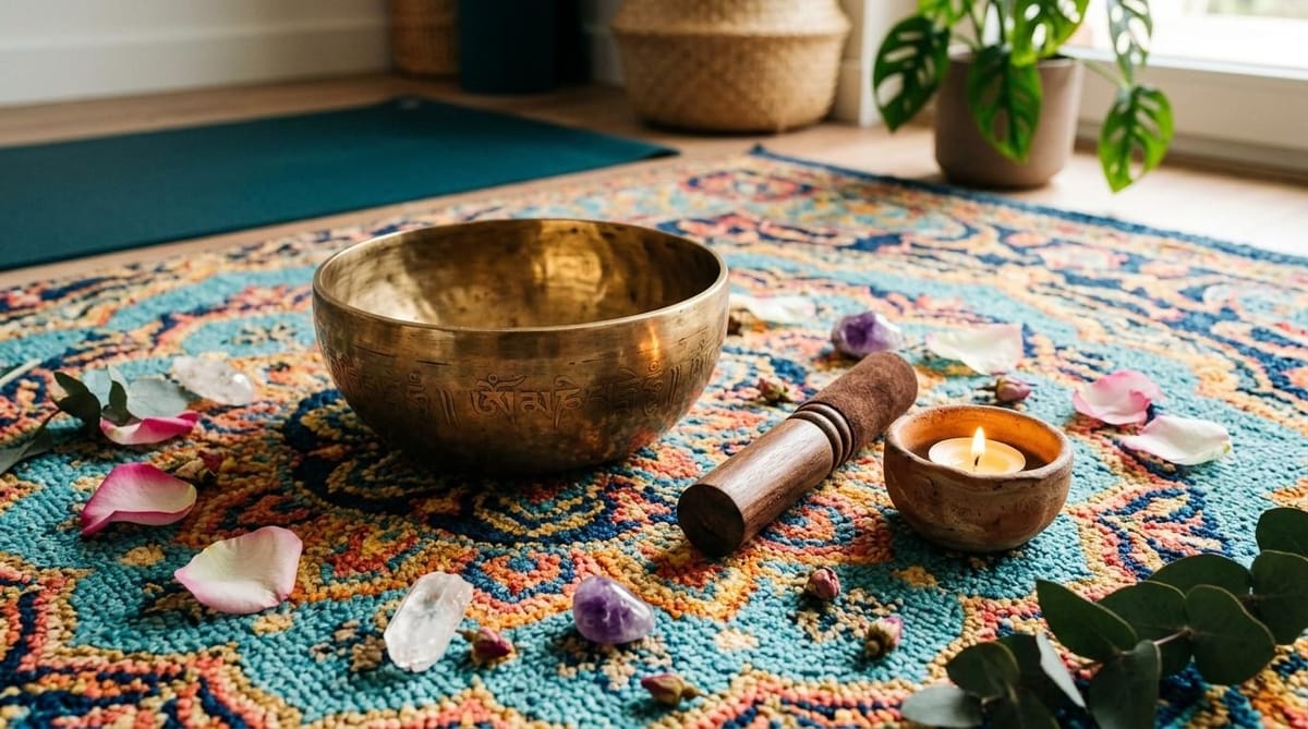 Singing bowl on a woven mat