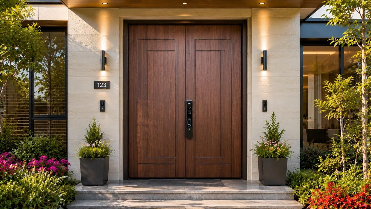 An embossed wood-grain finish steel double door with a digital smart lock.