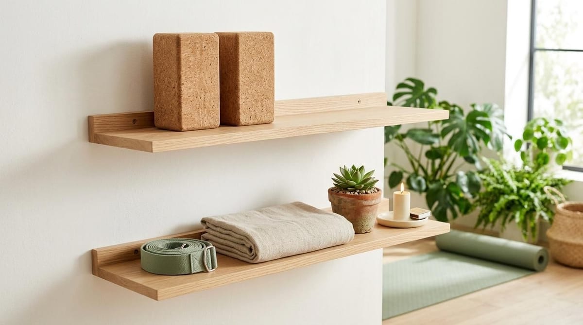 Wooden shelves holding cork yoga blocks
