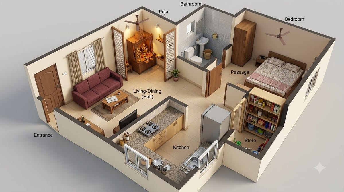 1 BHK House Plans for Small and Low-Budget Homes