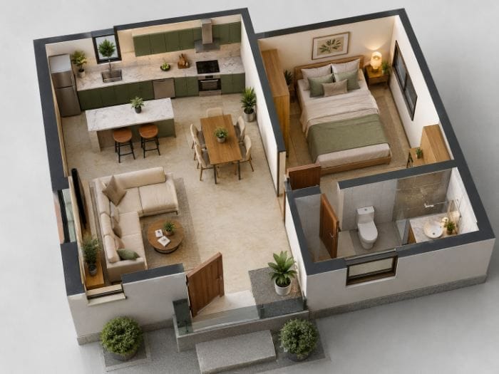 1 BHK House Plans for Village - Explained With 3D Maps
