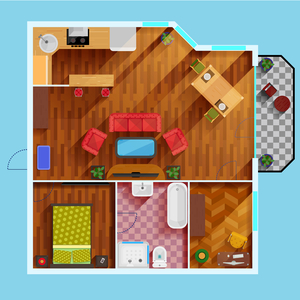 One bedroom apartment floor Plan with kitchen dinning area
