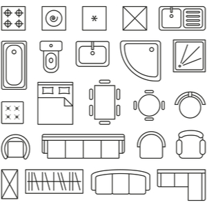 Vector set of outline isolated interior design floor plan objects icons