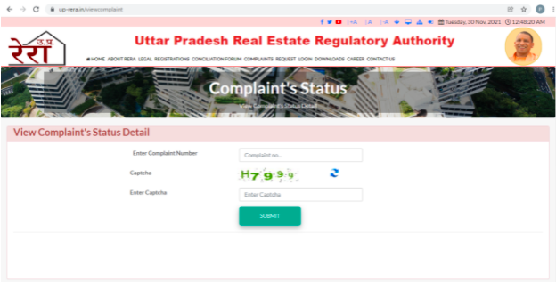 Enter complaint number and captcha to view UP RERA complaint status