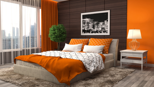 Wood and Orange Two Colour Combination for Bedroom Walls