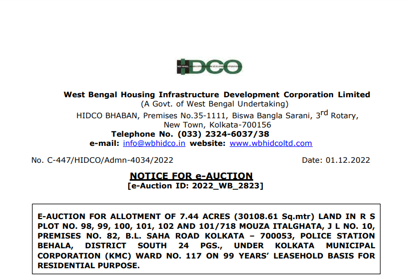 HIDCO to EAuction 7.4 Acres Land in Tollygunge