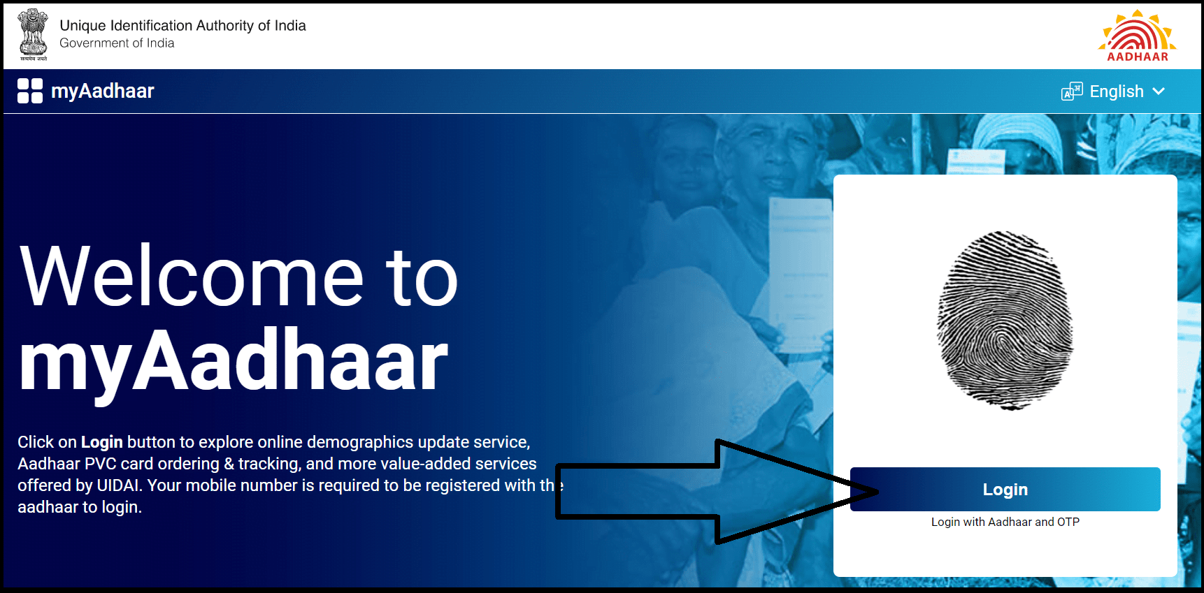 Screenshot of homepage of UIDAI Website