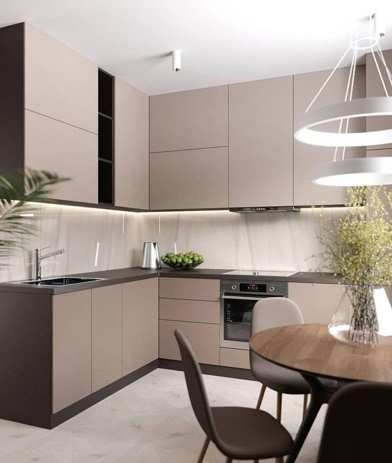 Beige small kitchen furniture design latest with matching dining chairs.