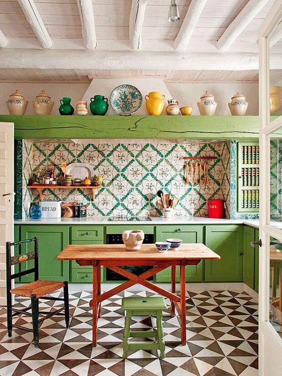Farmhouse small kitchen furniture design latest with mismatched chair, table and stool.