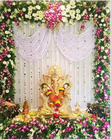 LIFE BETTER® ganpati Decoration Items Decoration Tulle Yellow net Curtain  Cloth Backdrop Combo with LED