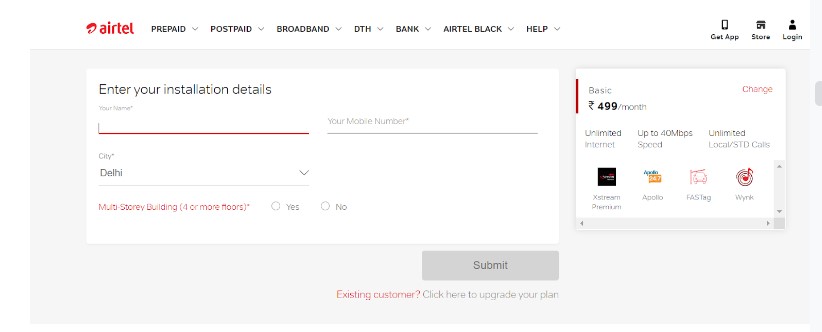 Form for getting Airtel broadband new connection