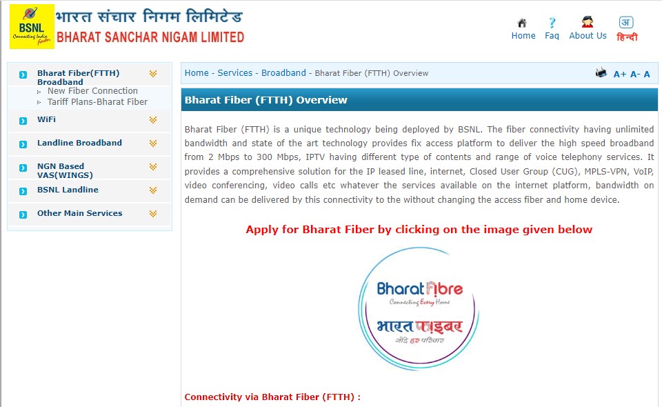 Bharat Fiber Broadband Connection page with a clickable image at the centre