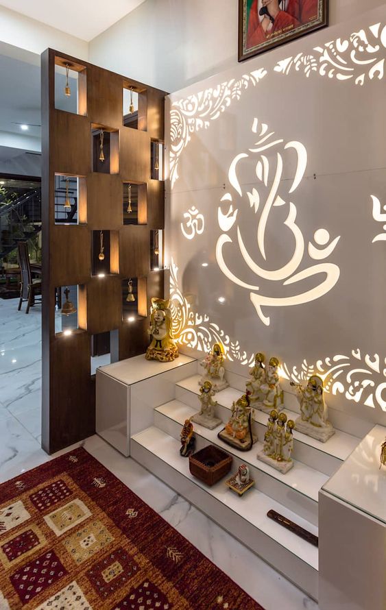 Peaceful White Pooja Room Design