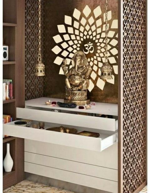 Intricate Wooden Pooja Room Design