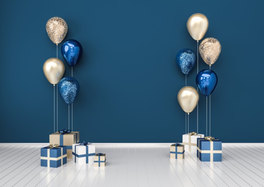 Blue-and-silver-balloons-with-blue-presents-as-birthday-decoration