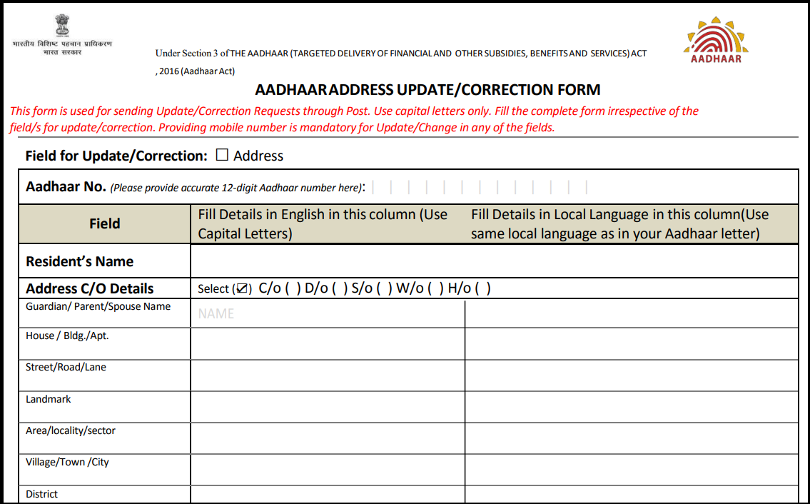 Aadhar card address update via post