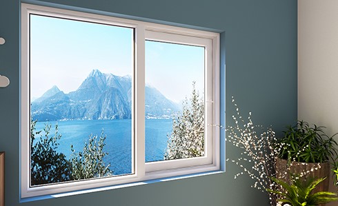 Sliding UPVC windows overlooking a mountain view