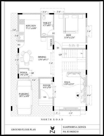 30 by 40 North face front elevation design with plan 