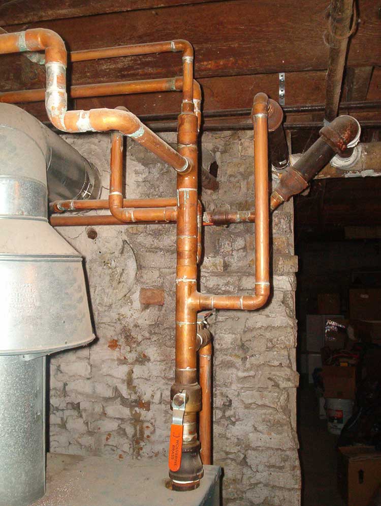 Copper pipes and fittings in an ancient house