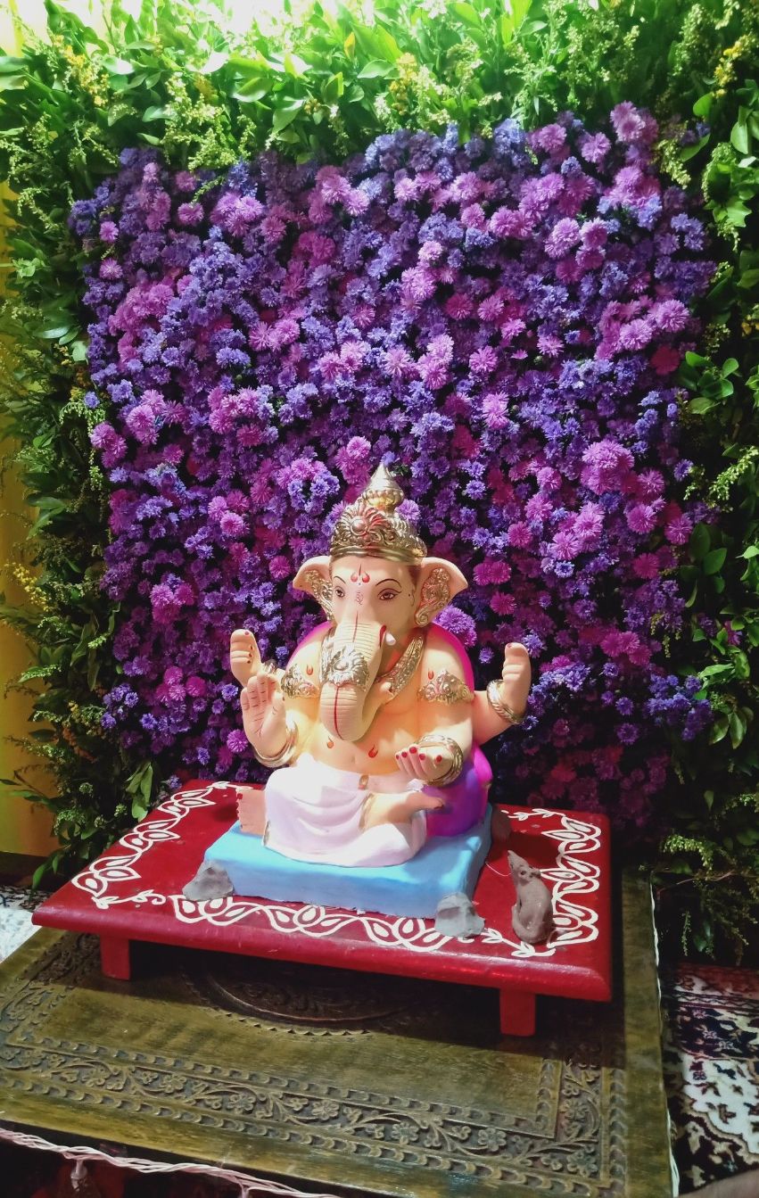 HOME BUY Ganpati decoration items for home | backdrop for pooja room  decoration items for ganapati festivalr pooja decoration with LED string  light | Marigold and green vines garland 10 items :
