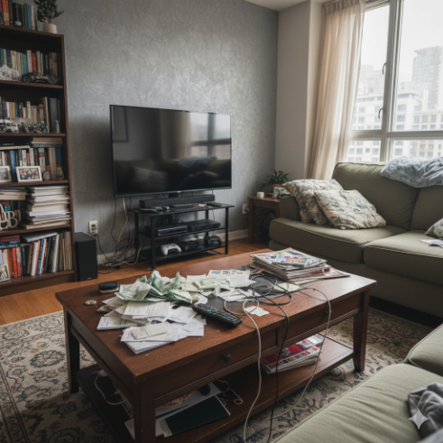 A coffee table and shelf crowded with mail, remotes, and miscellaneous unrelated objects