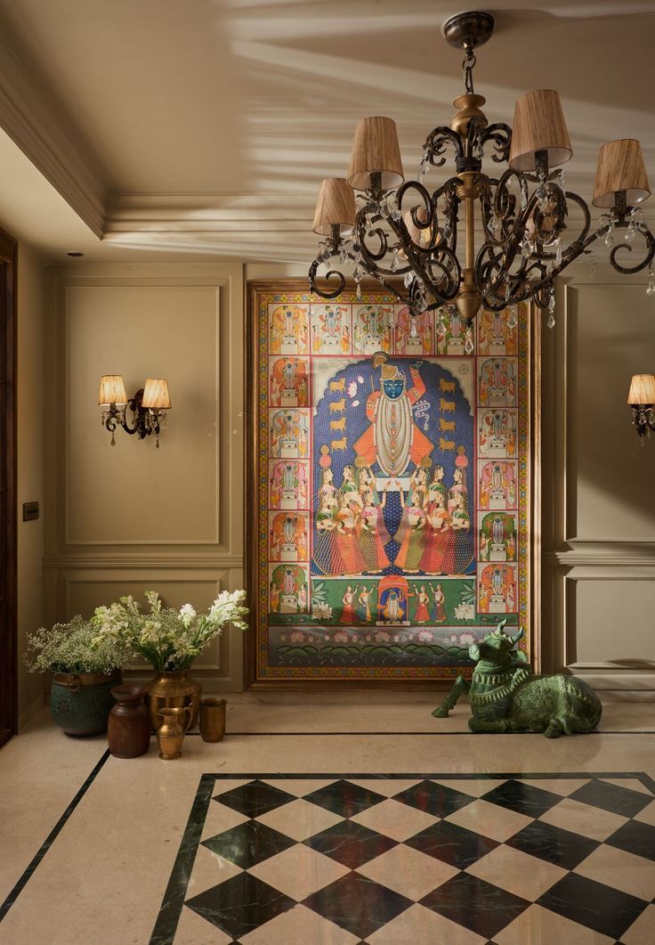 Traditional Indian art displayed in a refined interior