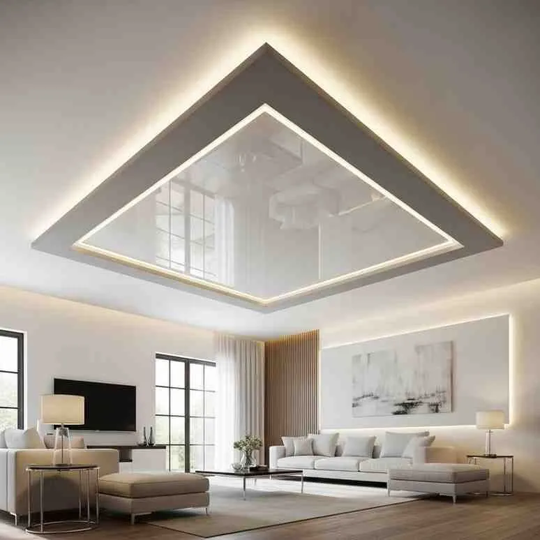 Modern Diamond-Shaped False Ceiling with Glossy Insert & Cove Lighting
