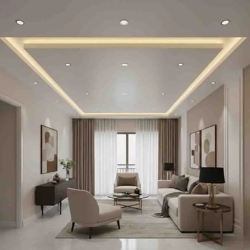 Minimalist Rectangular Tray False Ceiling with Recessed & Cove Lighting