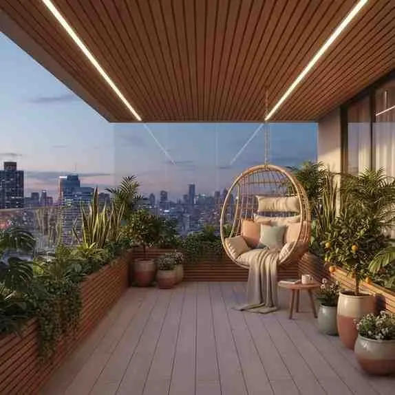Luxury Urban Balcony Design with Wood Fluted Ceiling and City View
