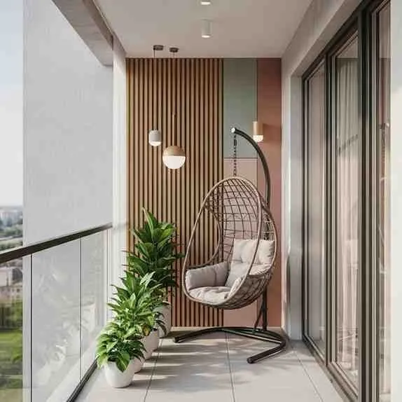 Modern Urban Balcony Oasis with Hanging Egg Chair