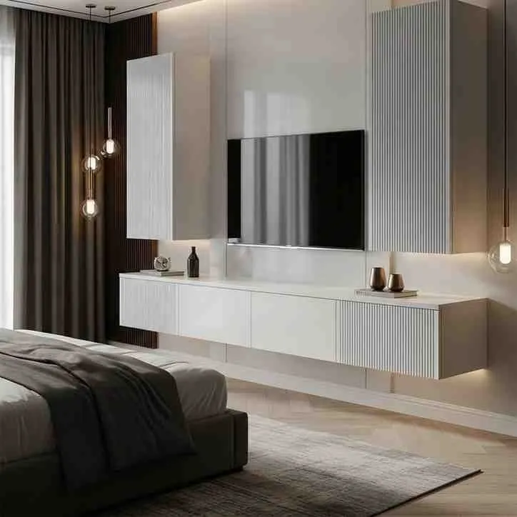 Modern Fluted White Floating TV Unit with Vertical Storage Cabinets