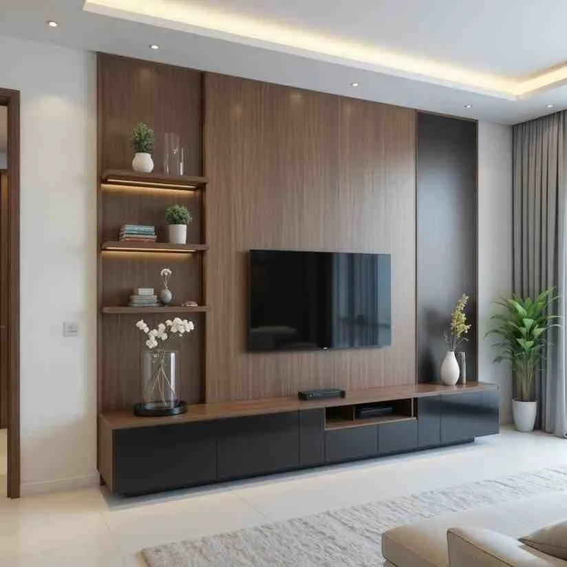 Symmetrical Walnut and Charcoal TV Wall Unit with Marble Backdrop