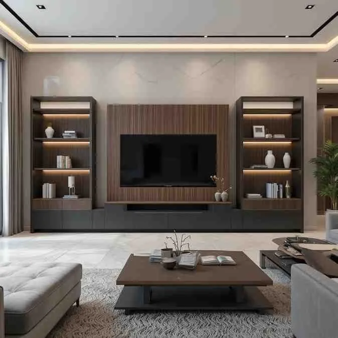 Symmetrical Walnut and Charcoal TV Wall Unit with Marble Backdrop