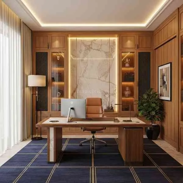 Contemporary Teak Home Office Design with Marble Accent Wall, Executive ...