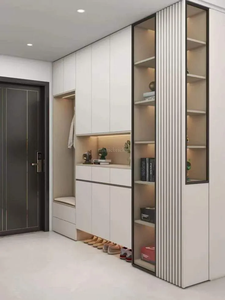 White Living Room Wardrobe Design With Shoe Rack Space - Main Image