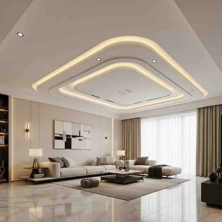 Modern Rounded-Edge Tray False Ceiling with Warm Cove Lighting