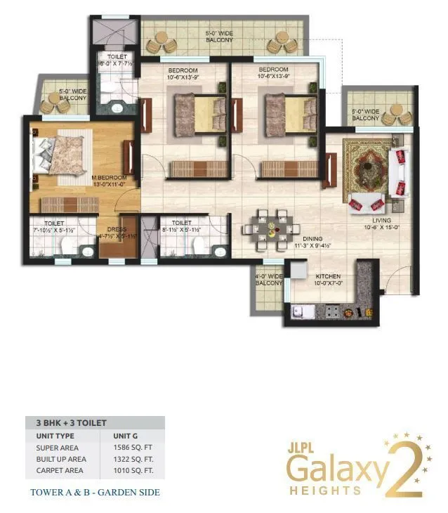 JLPL Galaxy Heights 2 3 BHK 1586 sq.ft floor plan
